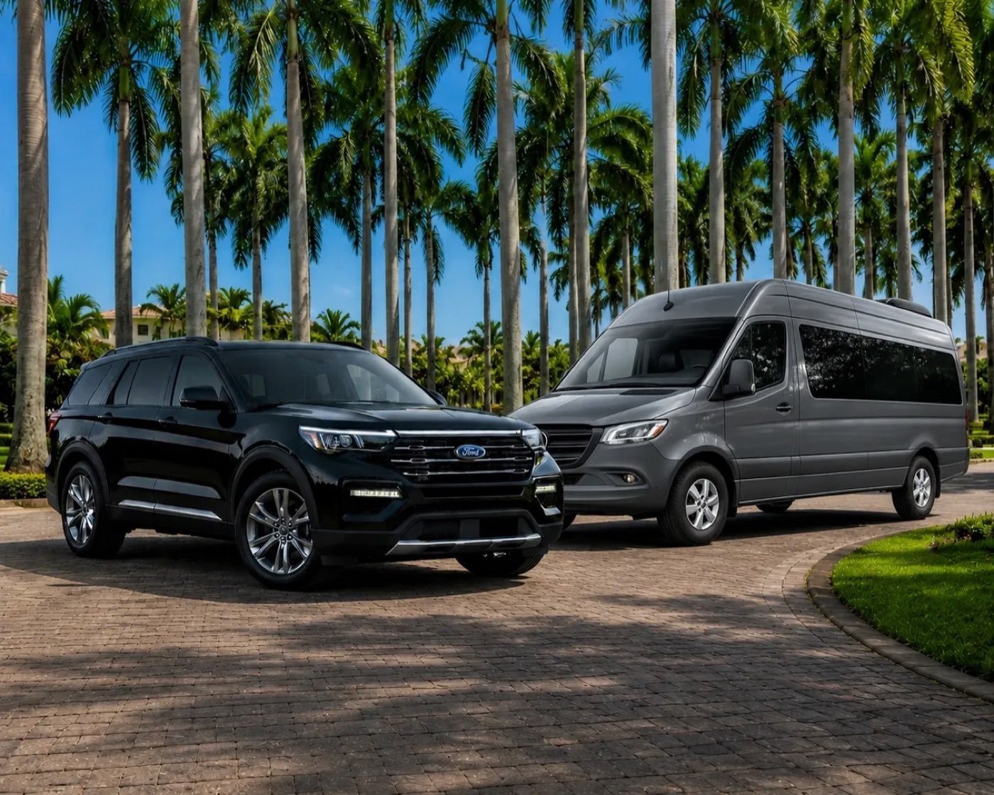 A Dushi Transfers SUV and Mercedes-Benz Sprinter parked among palm trees